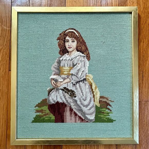 Vintage Needlepoint Portrait of Colonial Woman in Dress in Gold Frame - Picture 1 of 11